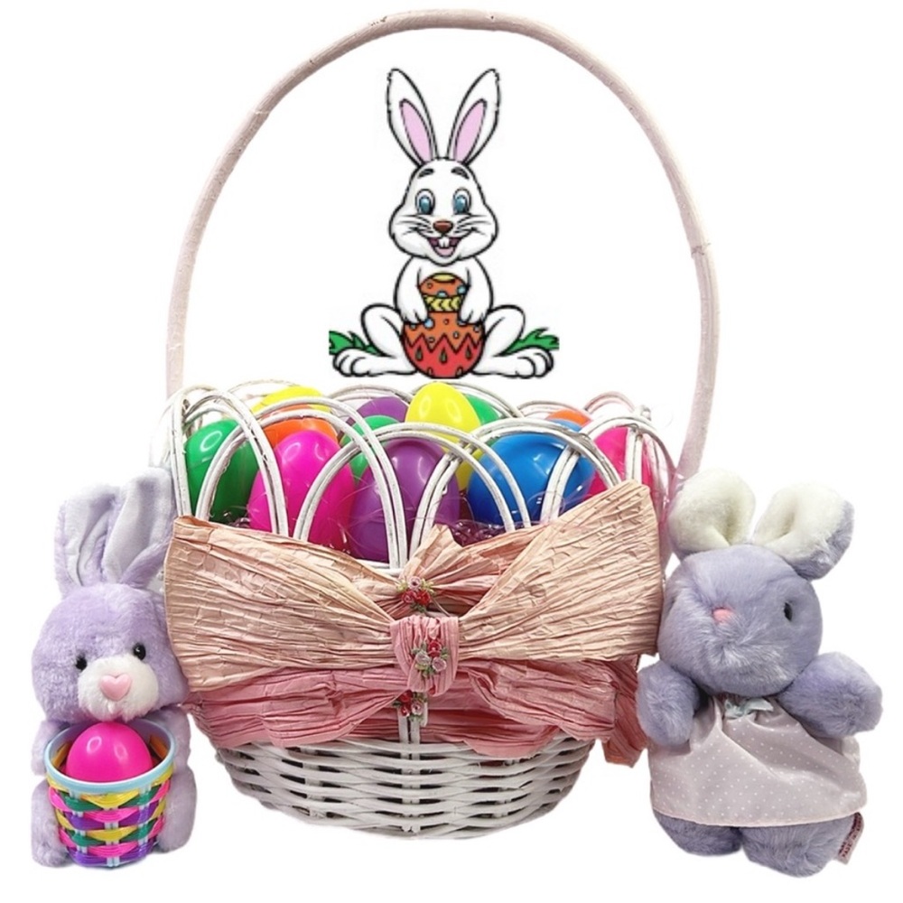 Vintage 80's Easter White‎ Shabby Chic Wicker Rattan Basket Eggs Bunny